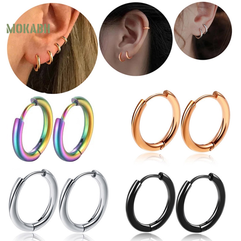 1 Đôi Bông Tai Tròn Bằng Thép Không Gỉ Màu Bạc Bóng Thanh Lịch Thời Trang