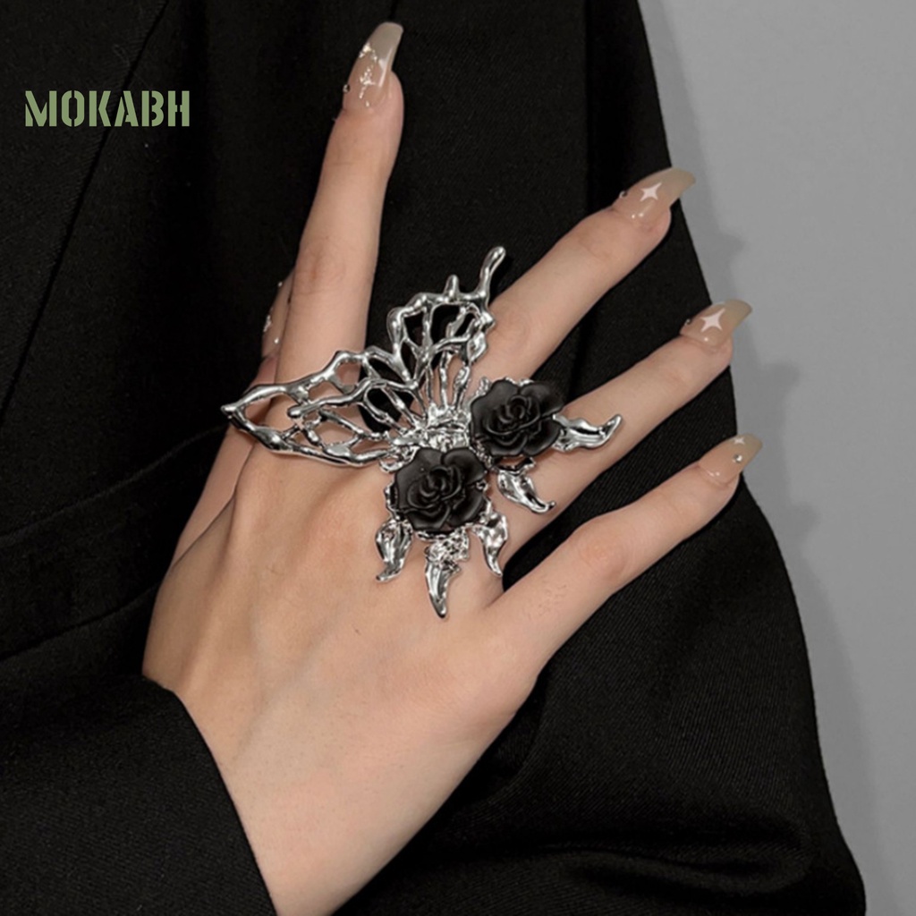 [Mới] Nhẫn Mở Hình Bướm Rỗng Đính Đá Màu Đen Phong Cách Gothic Punk Làm Quà Tặng Thời Trang Cho Nữ