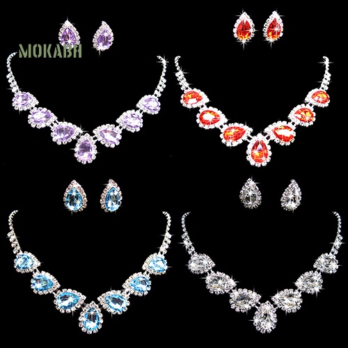 Bộ Vòng cổ + Bông Tai Hình Giọt Nước Đính Đá Pha Lê Sang Trọng