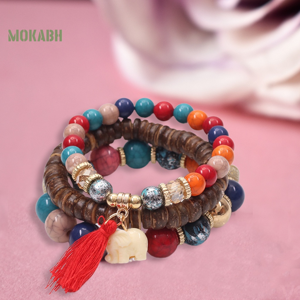 Bộ 3 Vòng Tay Chuỗi Hạt Gỗ Và Tua Rua Thời Trang Xinh Xắn