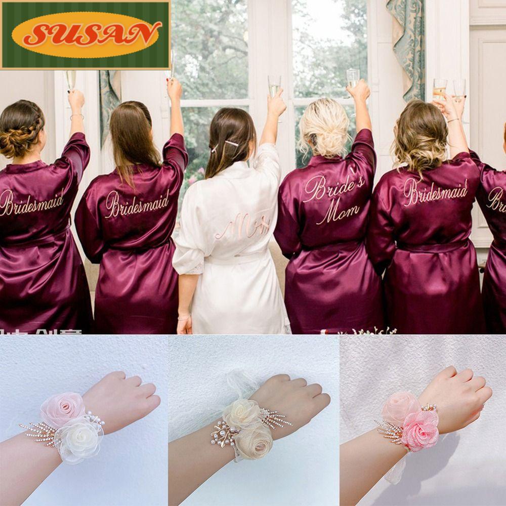 Vòng Hoa Đeo Tay Thời Trang Cho Cô DâuBó Hoa Vải Satin Thắt Dây Xinh Xắn