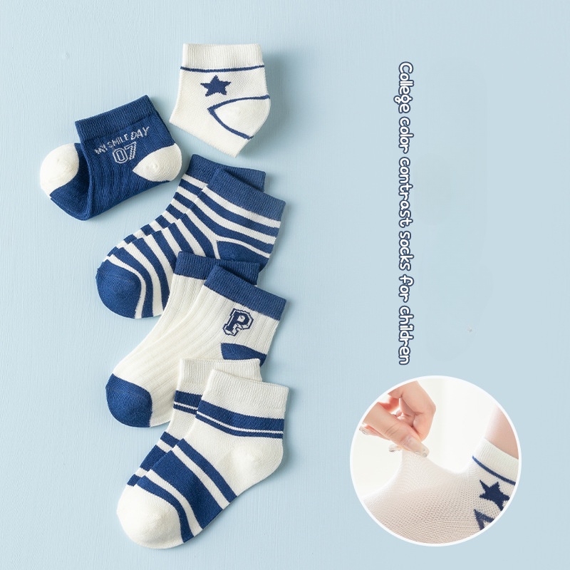 Set 5 Đôi Vớ Cotton Cổ Ngắn Họa Tiết Ngôi Sao Màu Xanh Dương Phối Lưới YSZ-74 Cho Bé 1-8 Tuổi