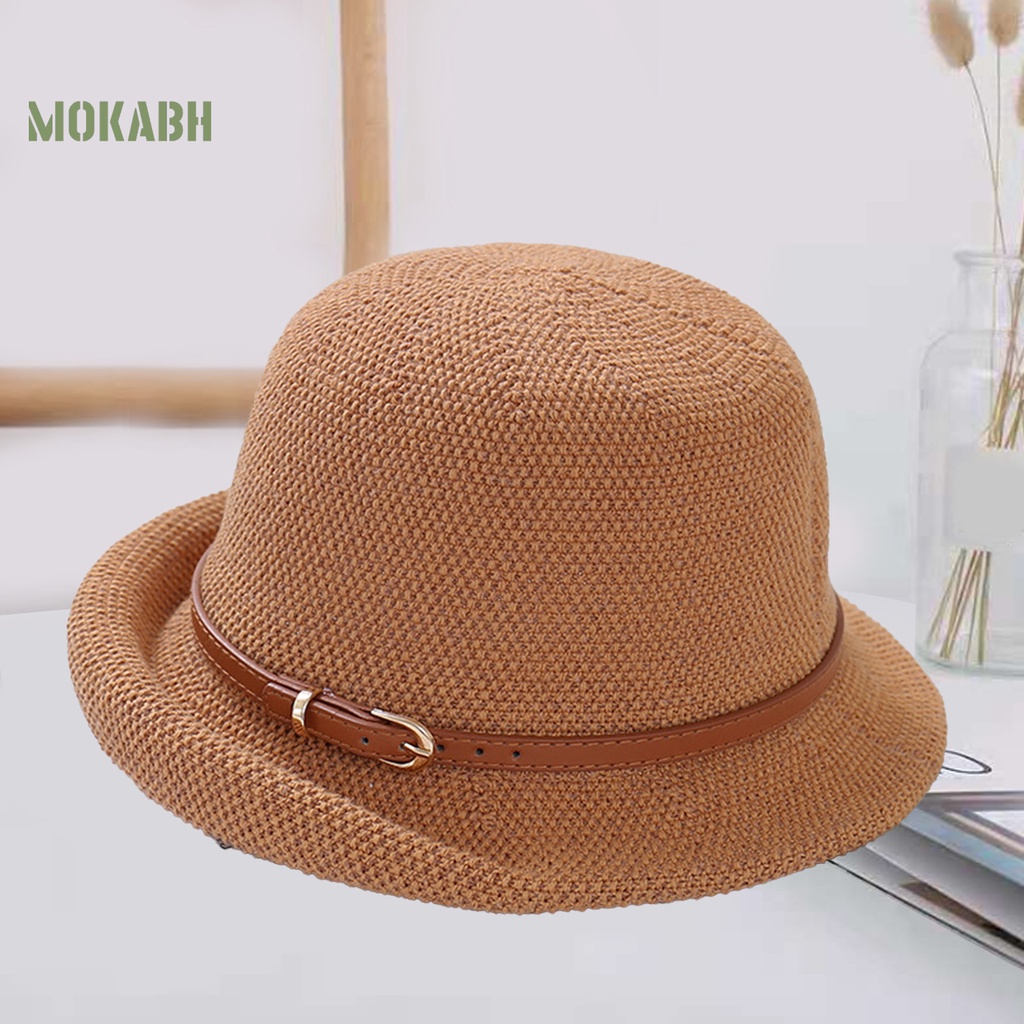 Mũ Chống Nắng Dệt Kim Mỏng Thoáng Khí Màu Trơn Có Thắt Lưng Uốn Cong Thời Trang Đi Biển Mùa Hè Cho Nữ