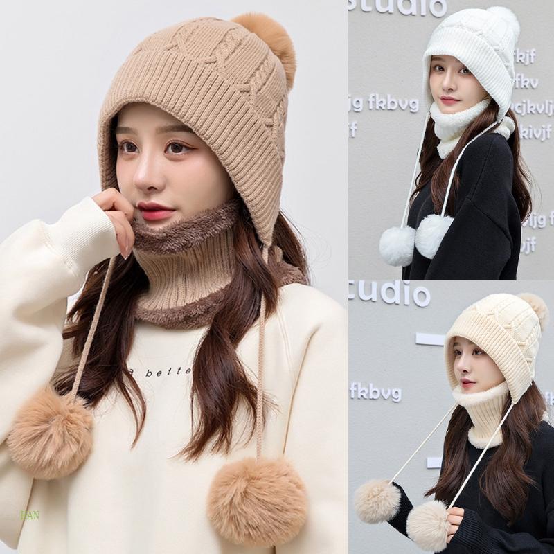 Mũ beanie Kèm Khăn Choàng Cổ Màu Trơn Giữ Ấm Thời Trang Cho Nữ