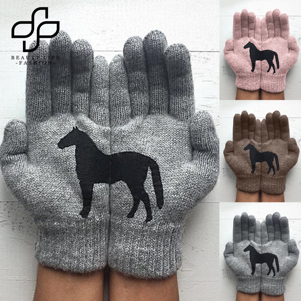 1 Đôi Găng Tay Len Chống Lạnh In Họa Tiết Ngựa Hoạt Hình Cho Nữ
