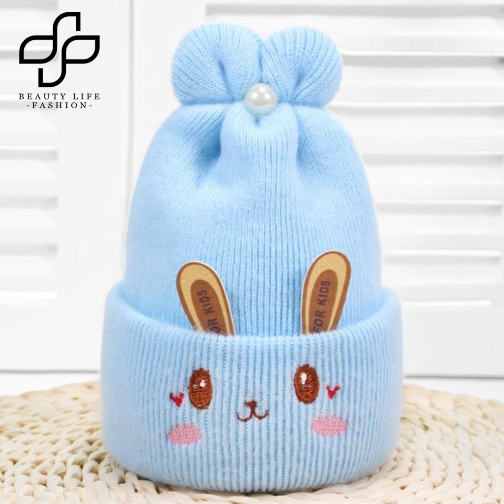 Mũ Beanie Dệt Kim Dày Dặn Đính Ngọc Trai Giả Thêu Hình Tai Thỏ Dễ Thương Thời Trang Thu Đông Cho Bé 0-6 Tháng Tuổi