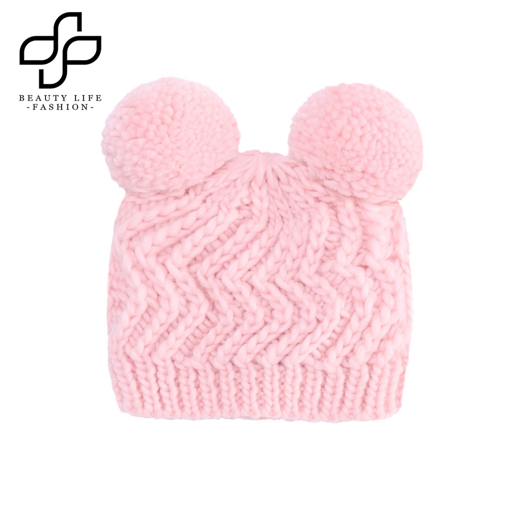 Beautylife Mũ Len Beanie Dệt Kim Dày Dặn Co Giãn Đính Hai Quả Bông Màu Trơn Thời Trang Thu Đông Dành Cho Bé Trai Bé Gái