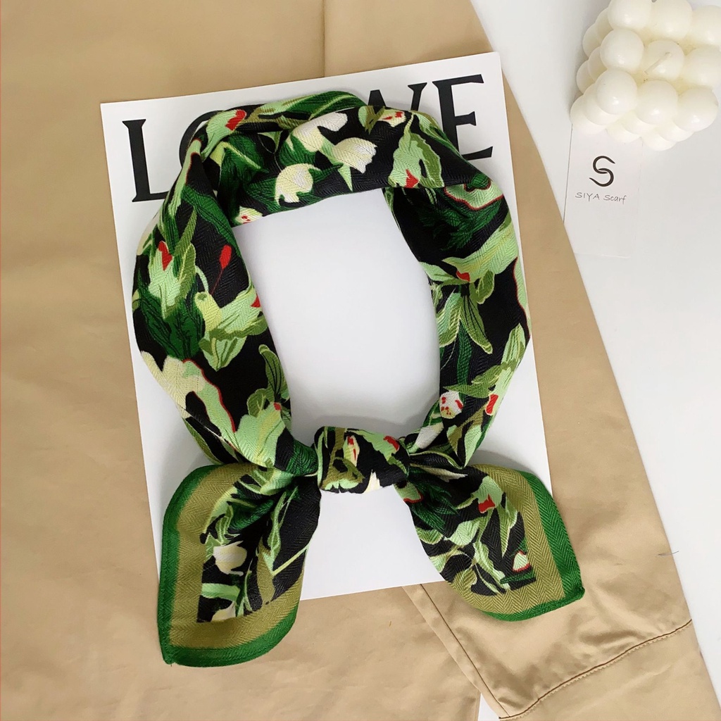 Khăn Quàng Cổ Nhỏ Bằng Lụa Cotton In Hoa Màu Xanh Lá Phong Cách Hàn Quốc Cổ Điển 68 * 68cm Dành Cho Nữ