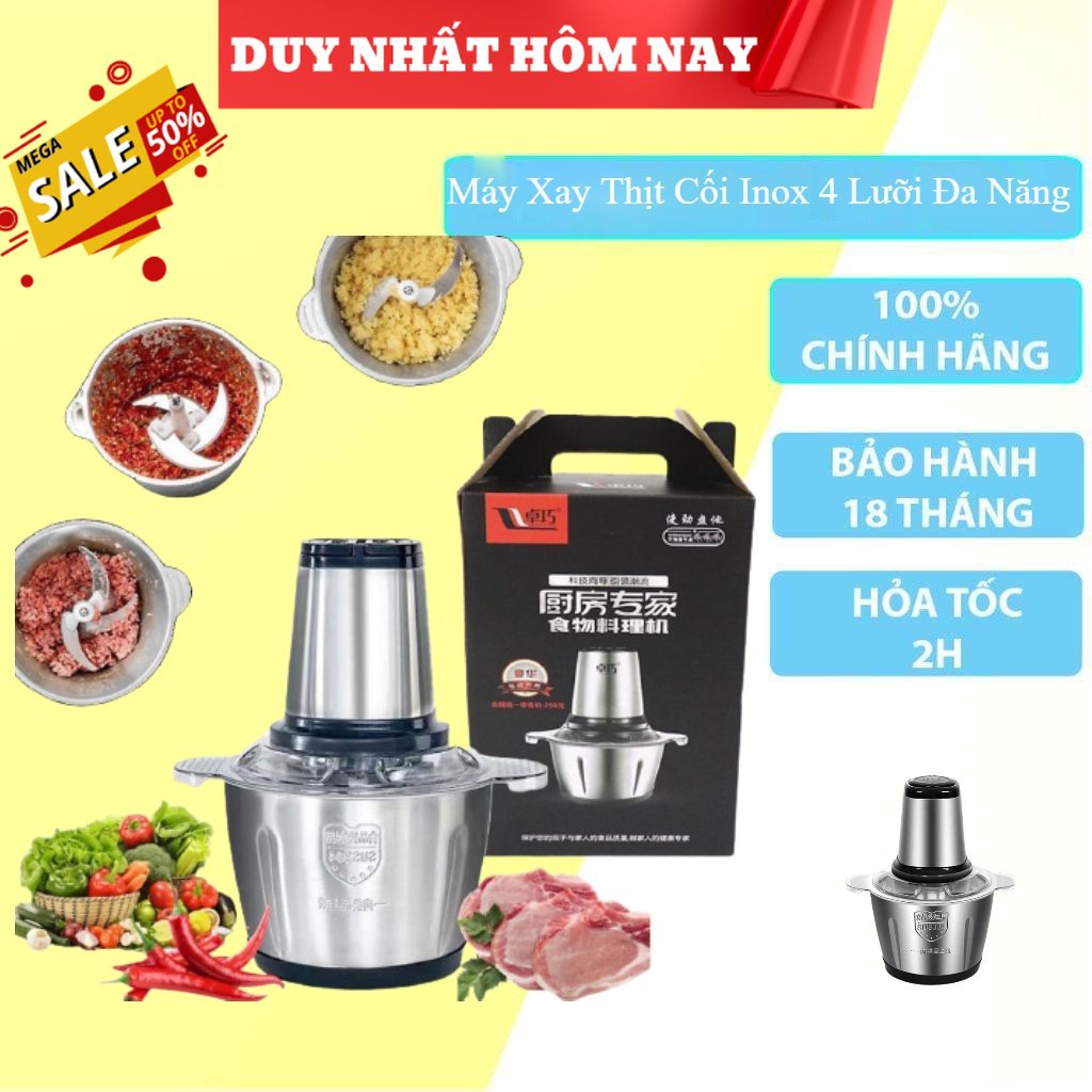 Máy Xay Thịt Cối Inox 4 Lưỡi Đa Năng, Công suất 250W- Xay thịt, xay tỏi ới, xay rau củ quả - -FUJIKA