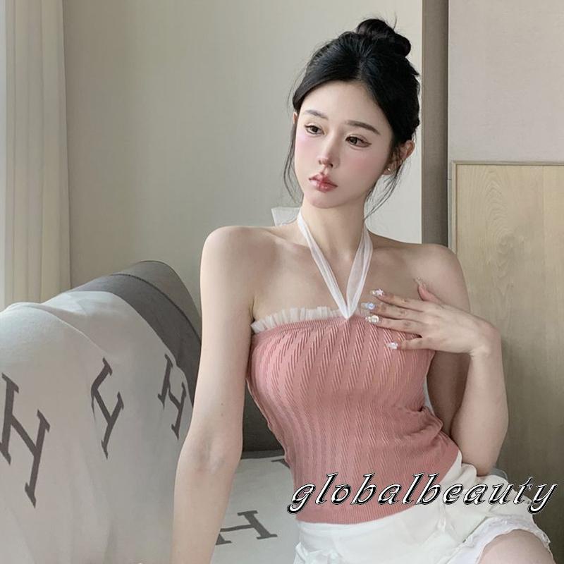 Áo Kiểu Vải Tuyn Không Tay Hở Lưng Phối Dây Cột Thời Trang Mùa Hè Cho Nữ