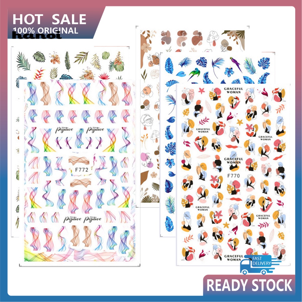 Set 5 Miếng Dán Trang Trí Móng Tay Họa Tiết Đường Kẻ Màu Sắc Tương Phản An Toàn Dành Cho Nữ