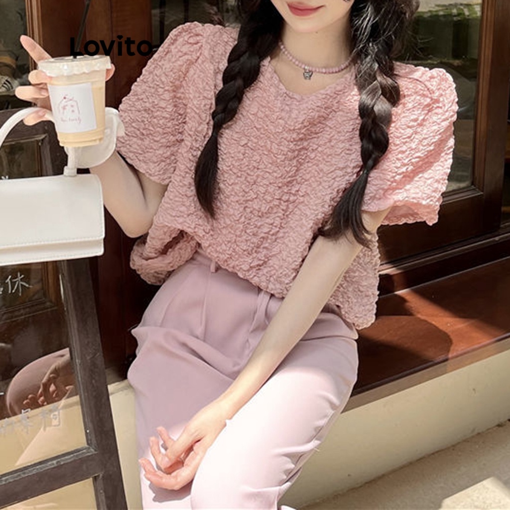 Lovito Áo kiểu trơn ngắn tay giản dị cho nữ LNA10079 (Hồng)
