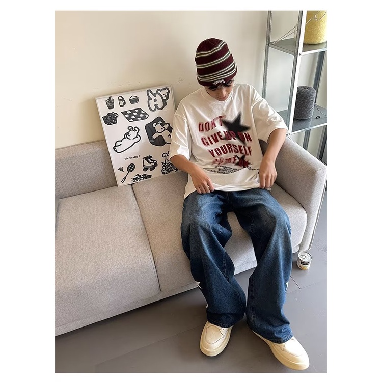 Áo Thun Ngắn Tay Dáng Rộng Thời Trang Âu Mỹ Retro Cá Tính Cho Nam