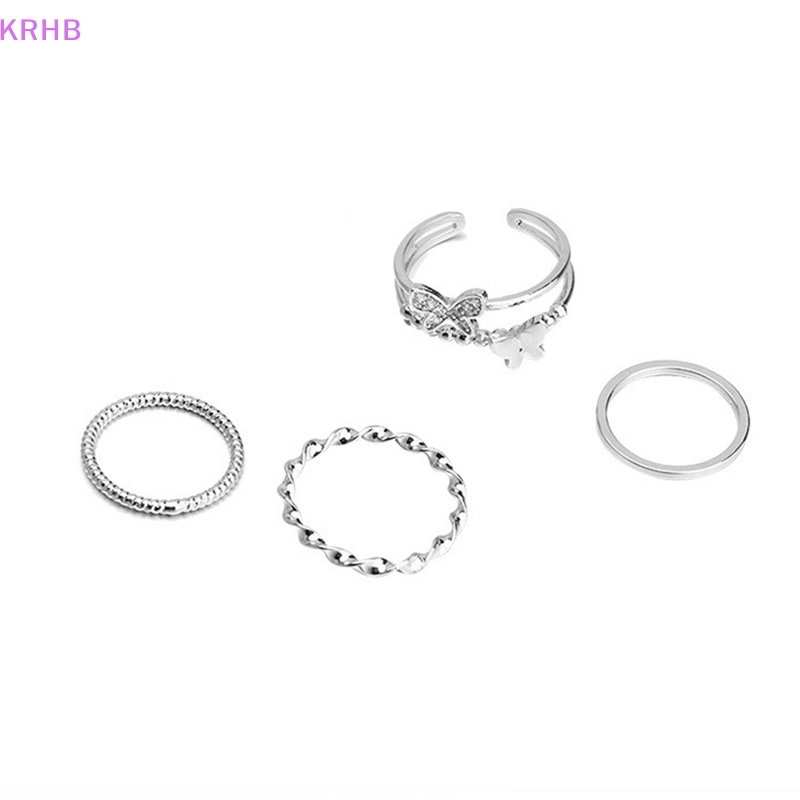 Bộ 4 Nhẫn Hình Tròn Họa Tiết Bướm Màu Bạc Tùy Chỉnh Thời Trang Cho Nữ Mới