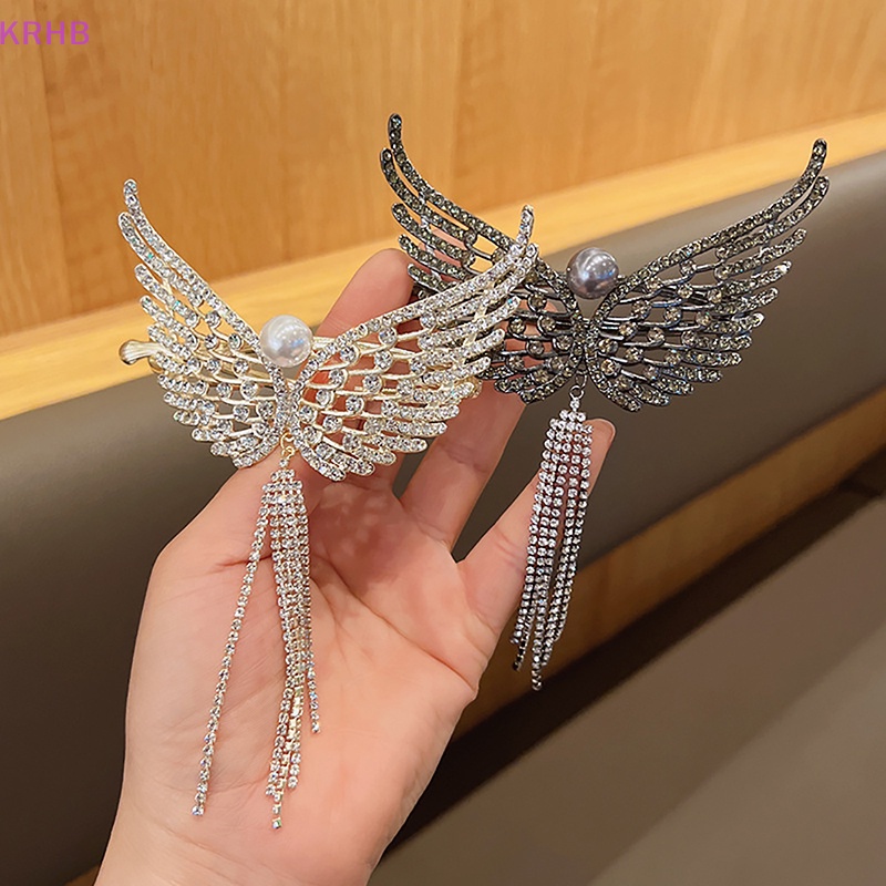 Kẹp Tóc Đuôi Ngựa Hình Đôi Cánh Thiên Thần Đính Đá Phối Ngọc Trai Phong Cách Hàn Quốc Cho Nữ Mới