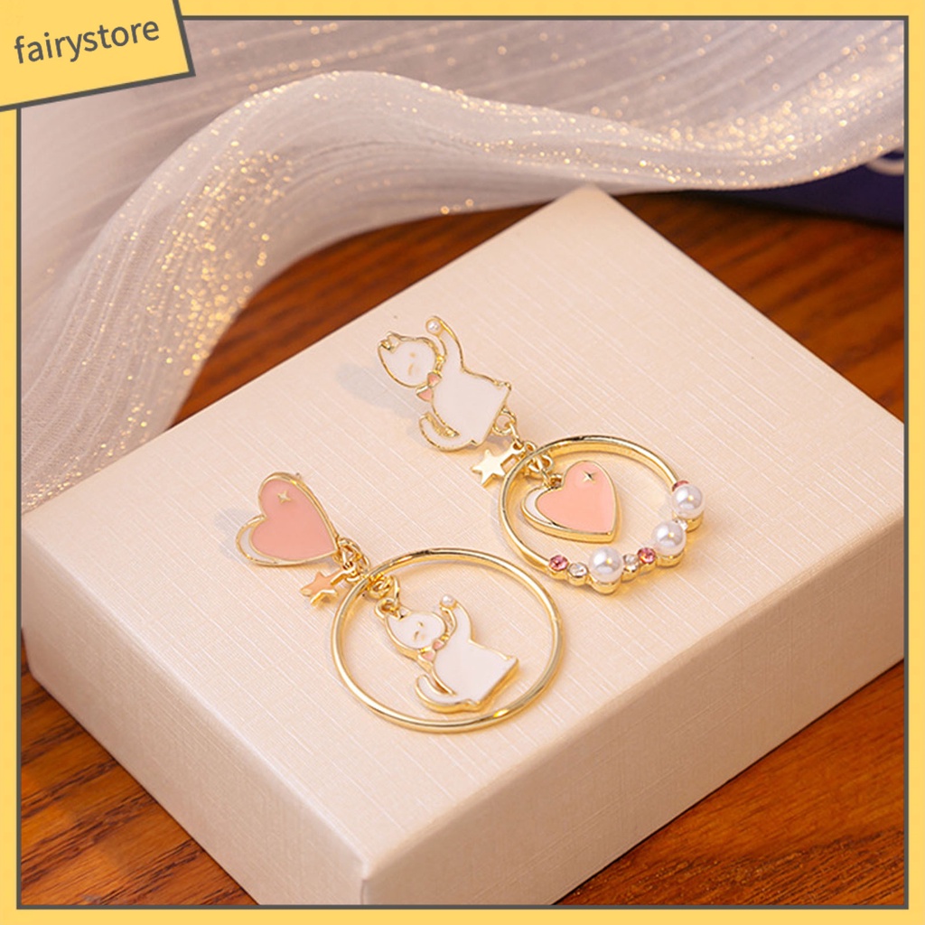 1 Đôi Bông Tai Hình Mèo Hoạt Hình Đính Đá Ngọc Trai Giả Phong Cách Nhật Bản