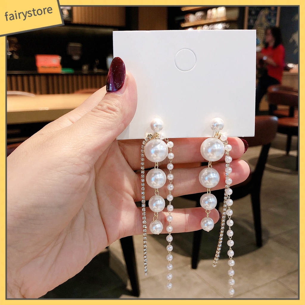 1 Đôi Bông Tai Dáng Dài Đính Ngọc Trai Nhân Tạo Phối Tua Rua Thời Trang