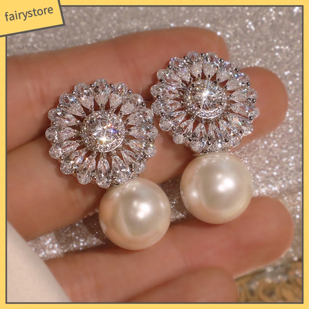 1 Đôi Bông Tai Dáng Dài Đính Đá Zircon Giả Hình Học Đính Ngọc Trai Thời Trang