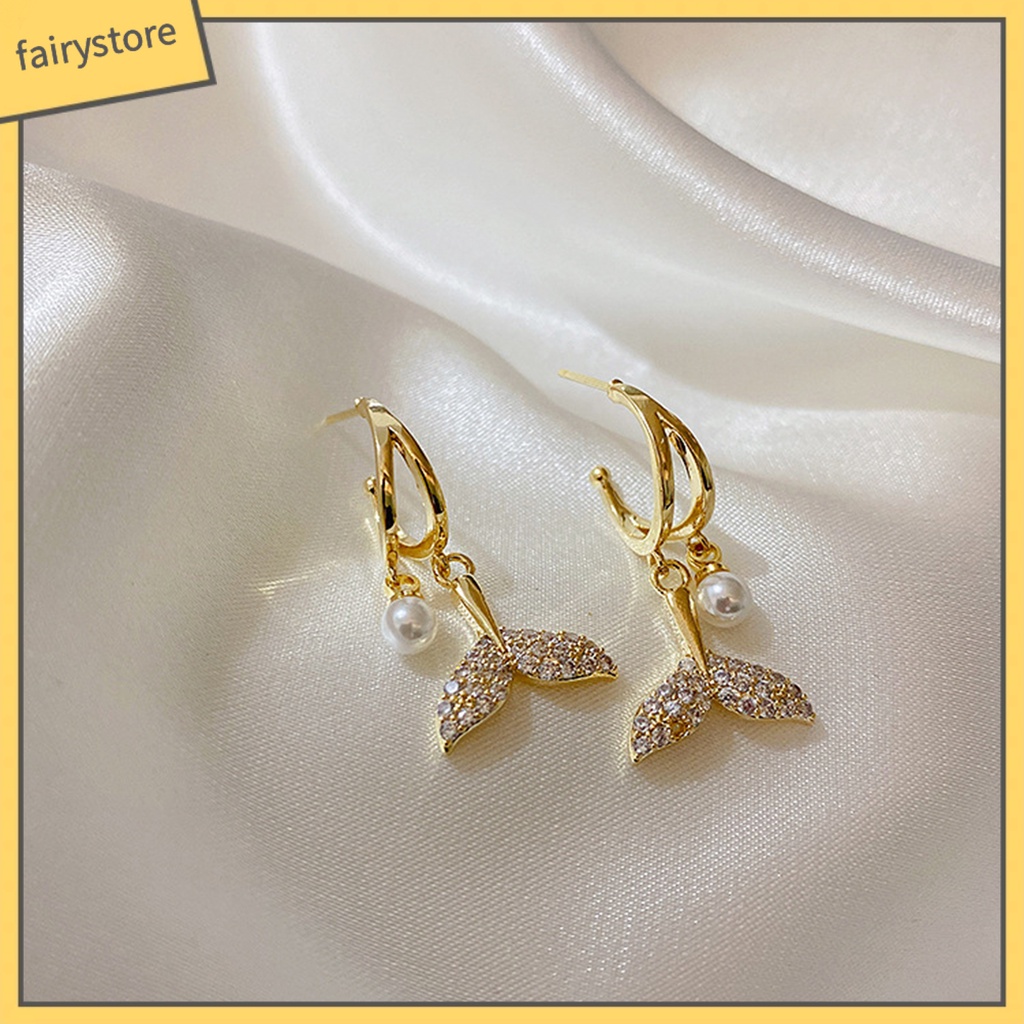 1 Đôi Bông Tai Hình Đuôi Cá Đính Ngọc Trai Giả Bằng Hợp Kim Phong Cách Vintage Dành Cho Nữ