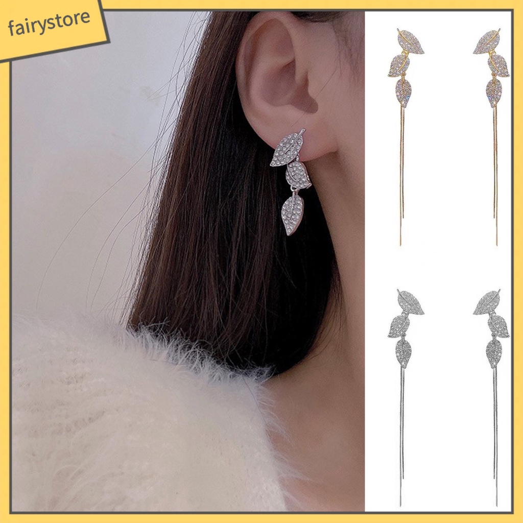 1 Đôi Bông Tai Dáng Dài Hình Chiếc Lá Bằng Hợp Kim Sáng Dành Cho Nữ