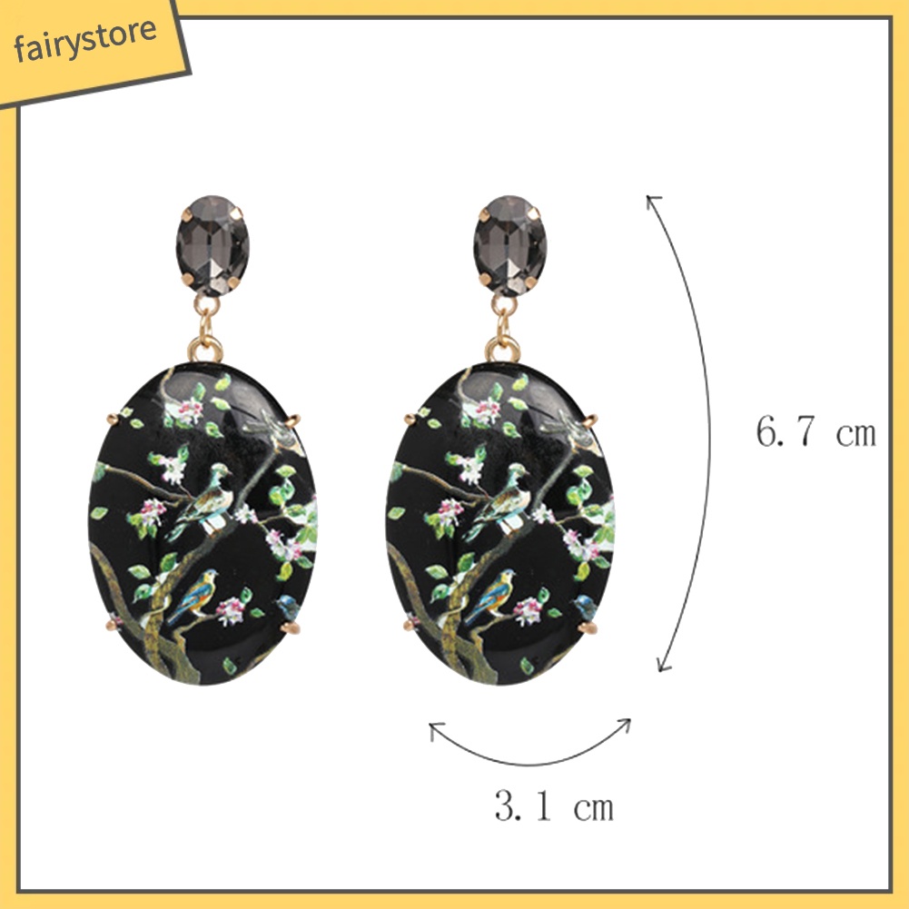 Bông Tai Hình Oval Họa Tiết Hoa Và Chim Phong Cách Vintage Dành Cho Nữ