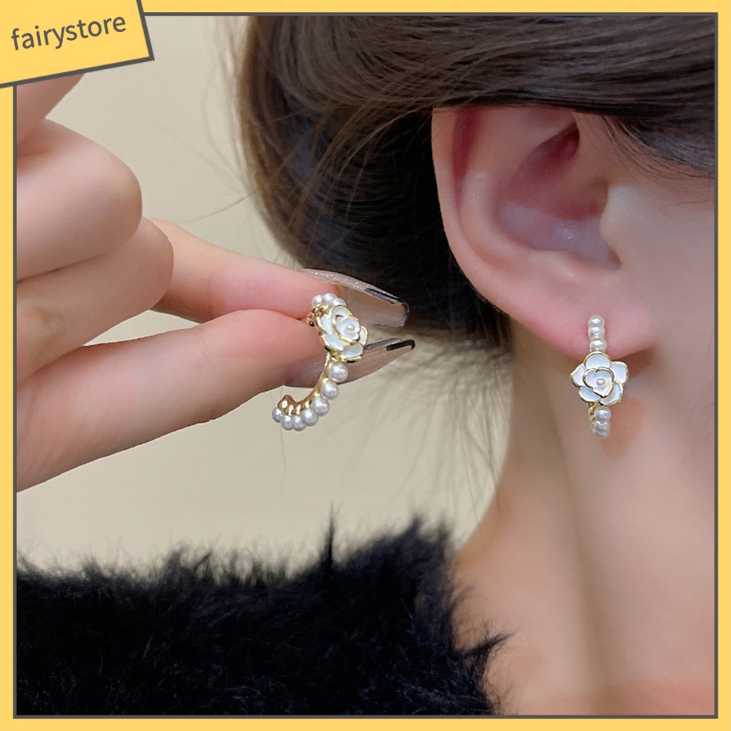 [FRO] 1 Đôi Bông Tai Tròn Đính Hoa Trà Phong Cách Pháp Thanh Lịch Không Phai Màu Trang Trí Ngọc Trai Giả