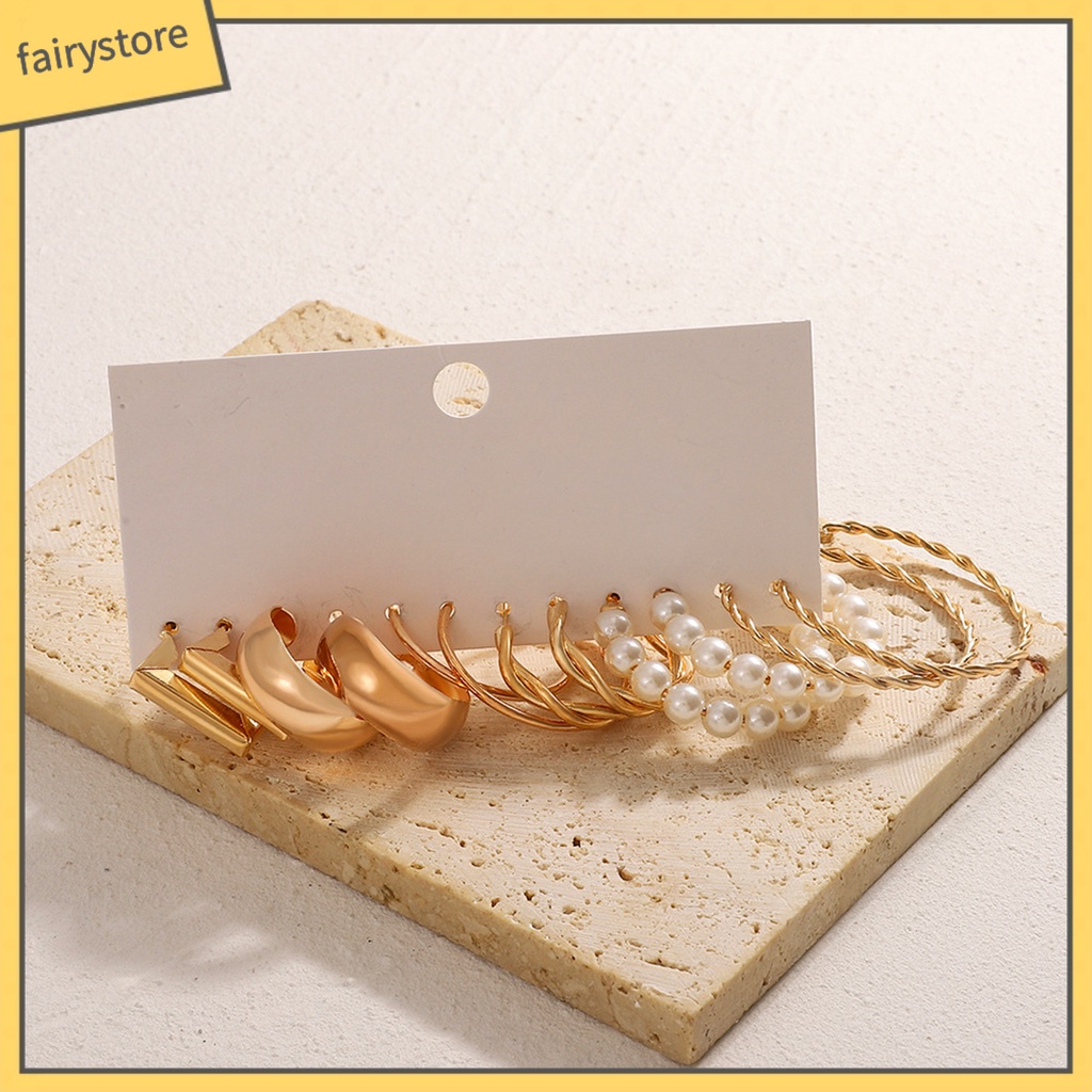 Set 6 Đôi Bông Tai Dạng Vòng Hình Chữ C Đính Ngọc Trai Nhân Tạo Thời Trang Dành Cho Nữ