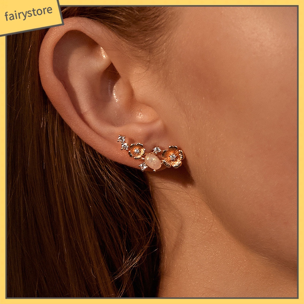 1 Đôi Bông Tai Hình Hoa Đính Đá Opal Giả Bằng Đồng Sáng Bóng Phong Cách Retro Dành Cho Nữ