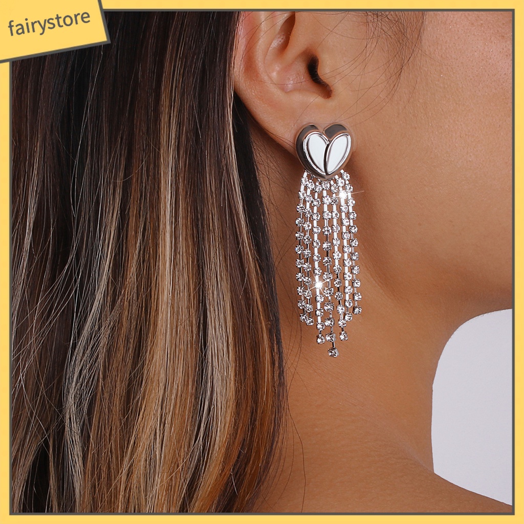 1 Đôi Bông Tai Dài Tua Rua Hình Trái Tim Đính Đá Kiểu Pháp