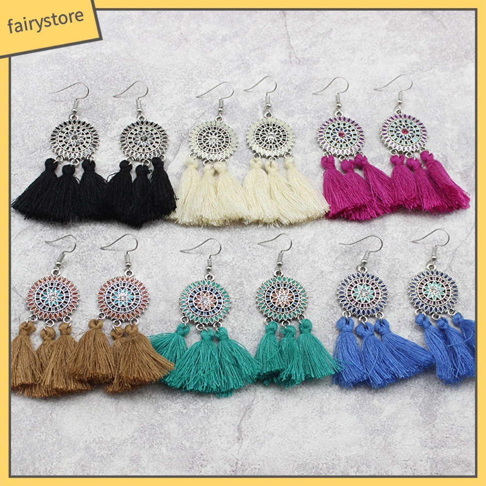Bông Tai Hình Hoa Hướng Dương Phối Tua Rua Phong Cách Boho Thời Trang