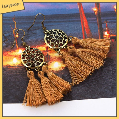 Bông Tai Dáng Dài Phối Tua Rua Phong Cách Vintage Cho Nữ