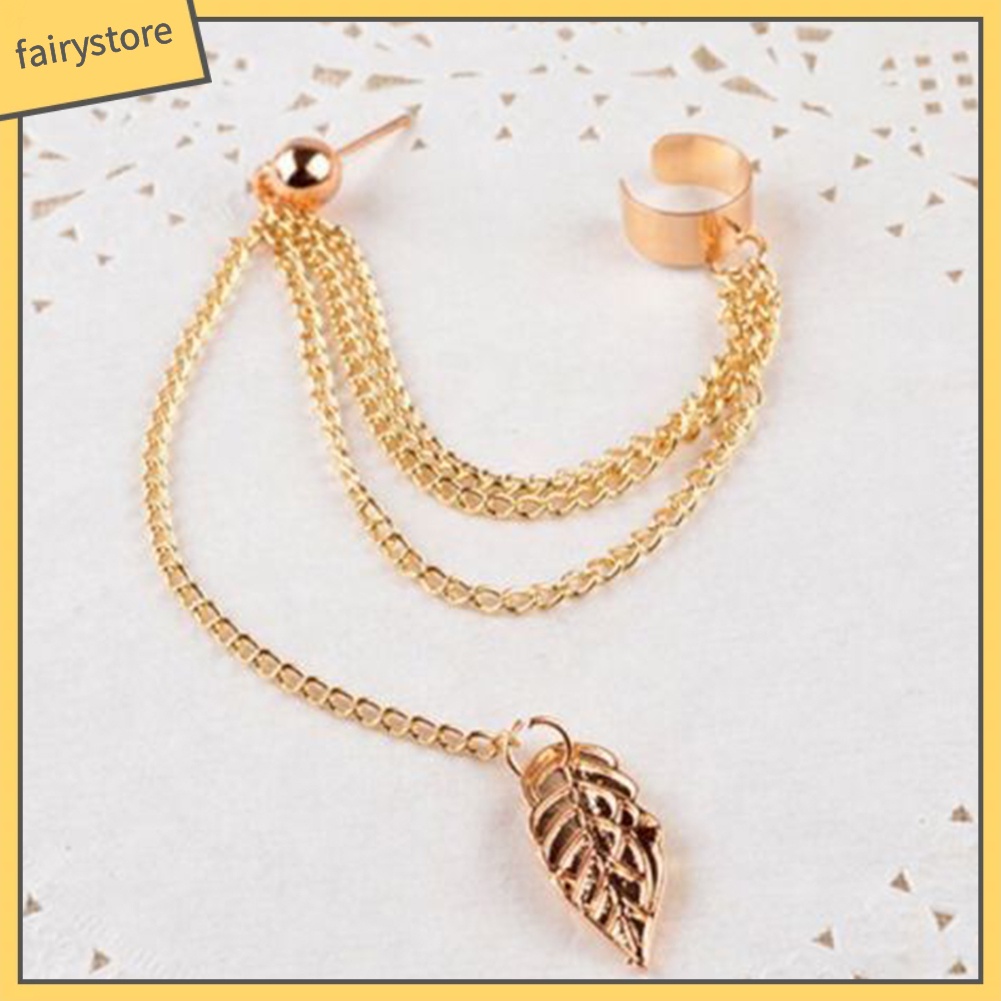 Bông Tai Kiểu Kẹp Hình Lá Phối Dây Xích Phong Cách Punk Rock Thời Trang Cho Nữ