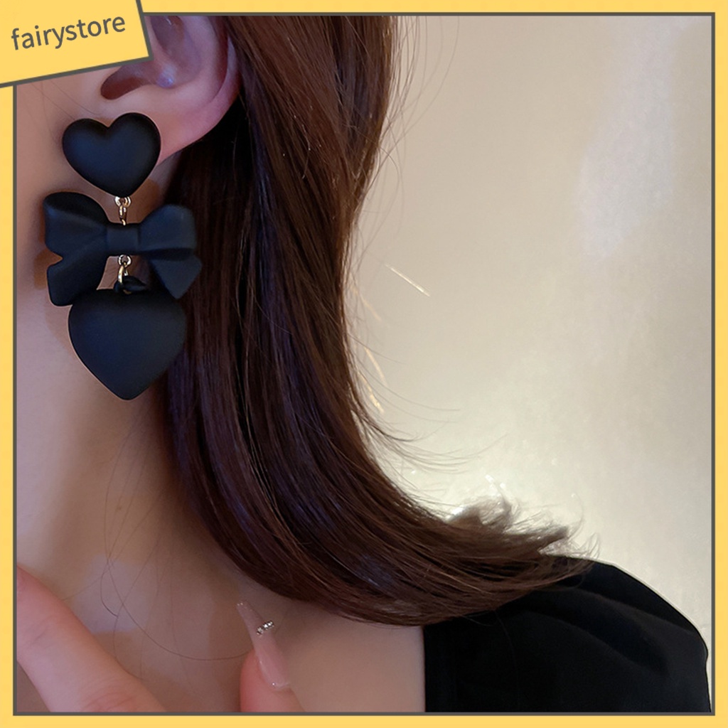 1 Đôi Bông Tai Hình Trái Tim / Nơ Màu Đen Phong Cách Gothic Thời Trang