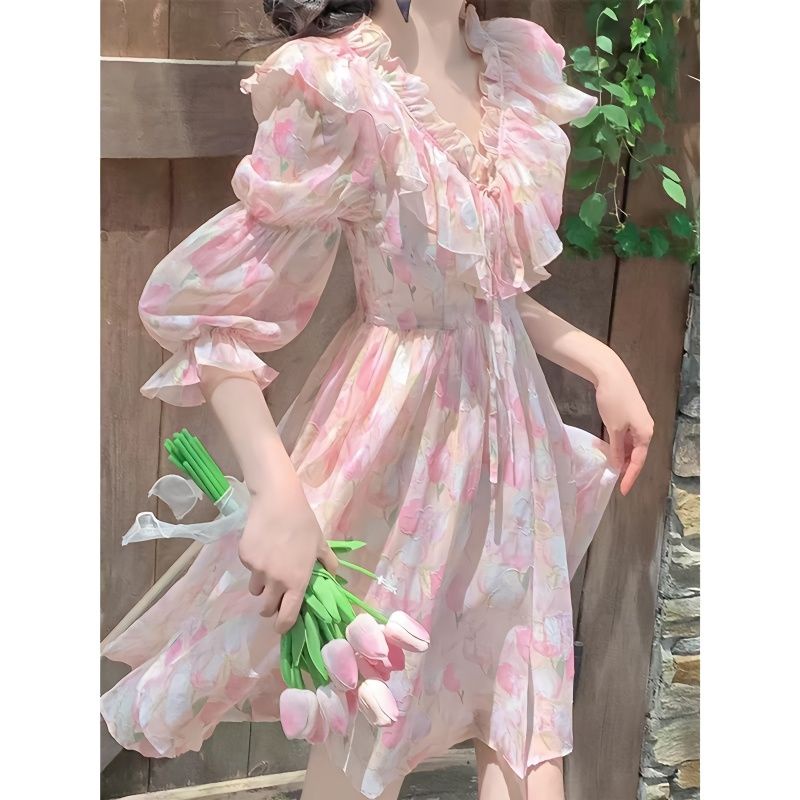 Đầm Công Chúa Chất Liệu Chiffon Màu Hồng Phong Cách Pháp Cho Nữ