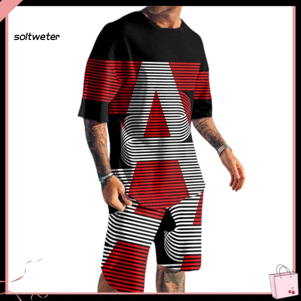 Bộ Trang Phục Thể Thao 2 Mảnh Gồm Áo Thun Tay Ngắn Cổ Tròn + Quần Short Lưng Thun In Họa Tiết 3D Thời Trang Cho Nam