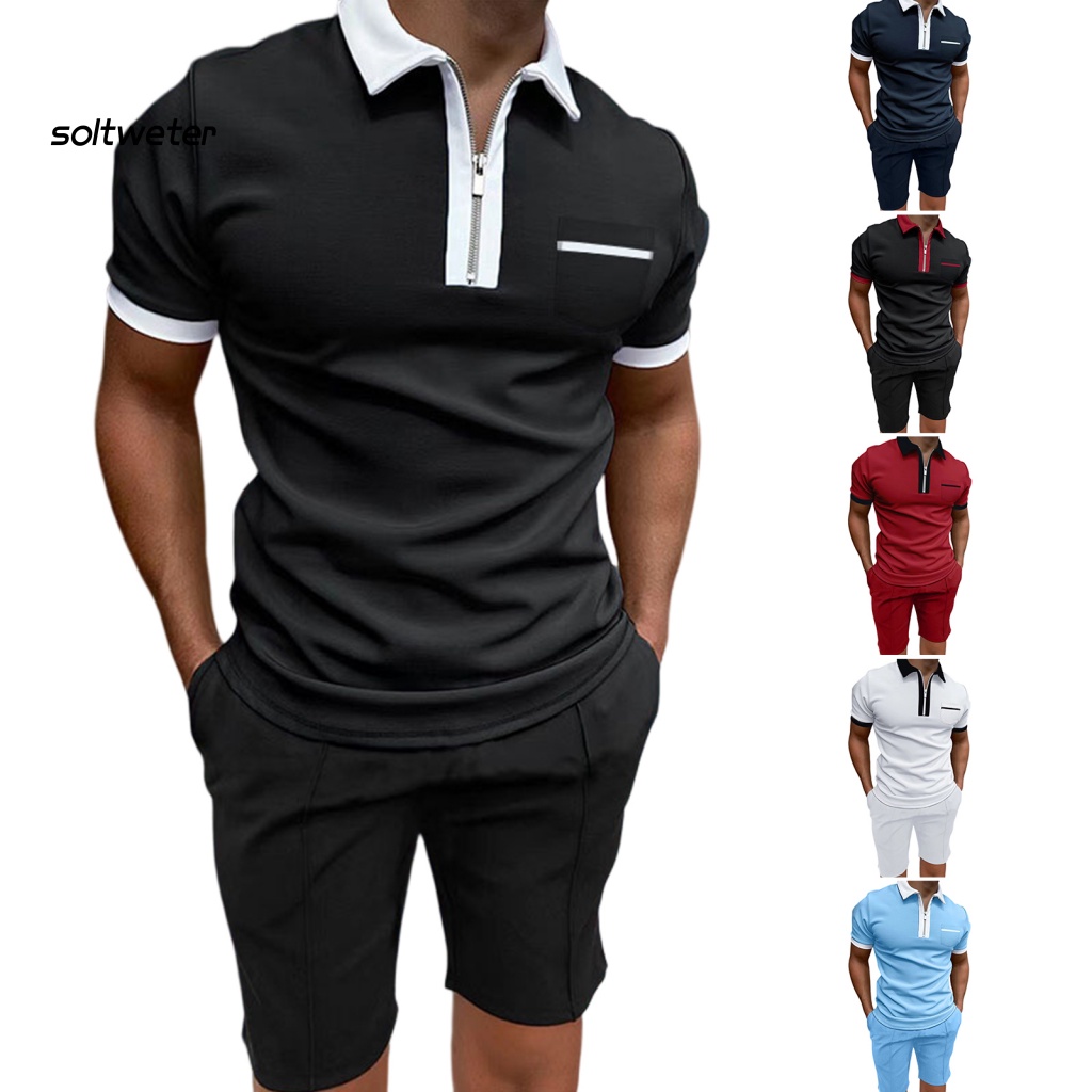 1 Bộ Áo Cổ Bẻ + Quần Short Lưng Thun Màu Sắc Tương Phản Thời Trang Đi Biển Mùa Hè Cho Nam