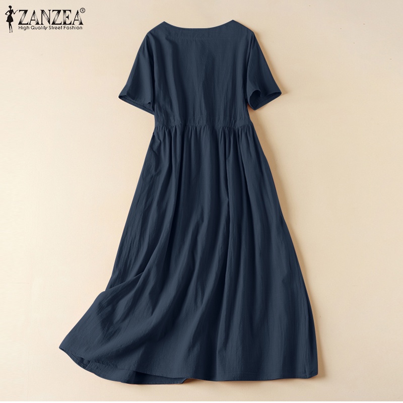 Đầm Tay Ngắn Cổ Tròn Màu Trơn Phối Dây Rút Thời Trang Cho Nữ ZANZEA