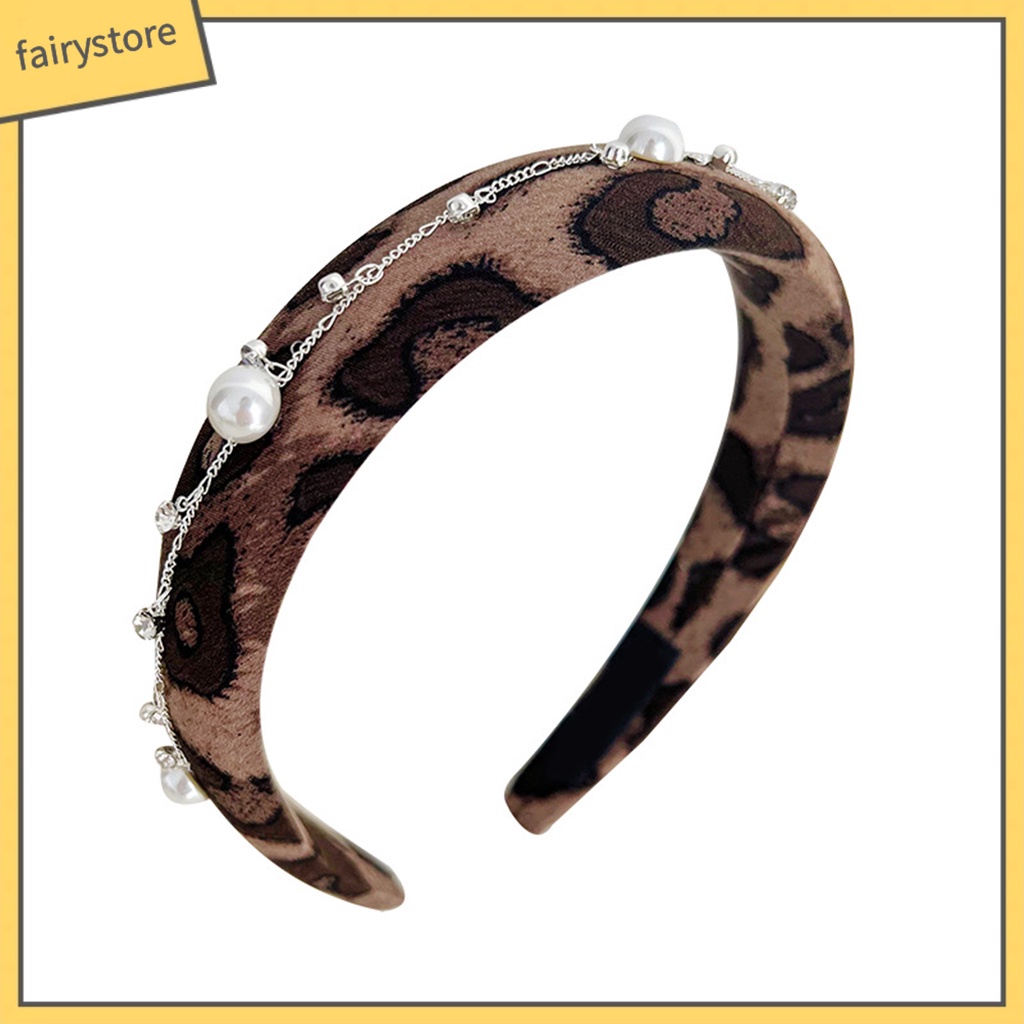 Băng Đô Cài Tóc Bản Rộng Tăng Chiều Cao Đính Đá Ngọc Trai Nhân Tạo Họa Tiết Da Báo Thời Trang Cho Nữ