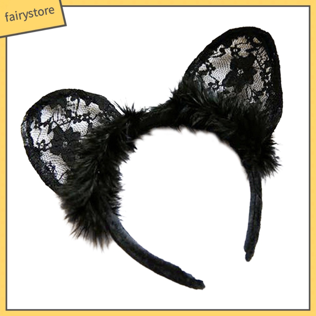 Băng Đô Cài Tóc Hình Tai Mèo Đen Phối Ren Đính Lông Vũ Chống Trượt Trang Trí Tóc
