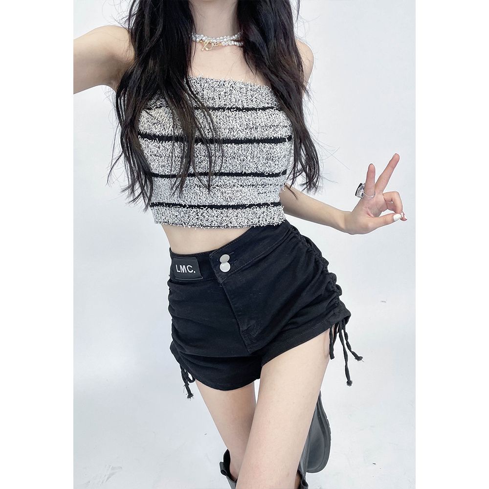 [Denim Ngắn] Quần Short Denim Dây Rút Màu Đen Eo Cao Mỏng Gợi Cảm Mùa Hè Cho Nữ