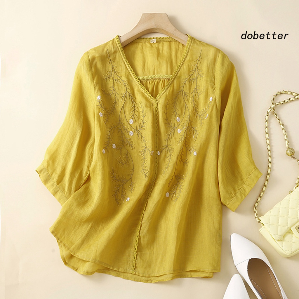 Áo Thun Nữ Tay Lửng Cổ Chữ V Màu Trơn Thêu Hoa Thời Trang
