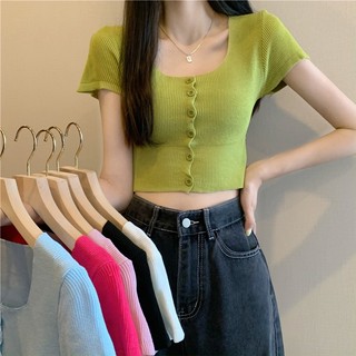 Áo Croptop Dệt Kim Ngắn Tay Cổ Vuông Form Ôm Phong Cách Quyến Rũ
