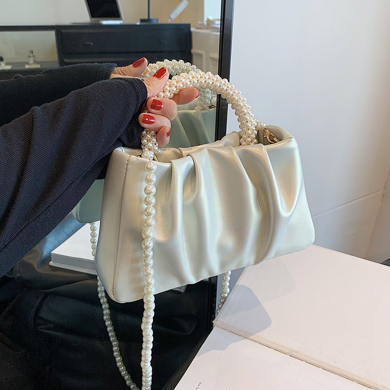 Túi Đeo Chéo Hình Đám Mây Xếp Ly Đính Ngọc Trai Thời Trang Dễ Phối Đồ Cho Nữ