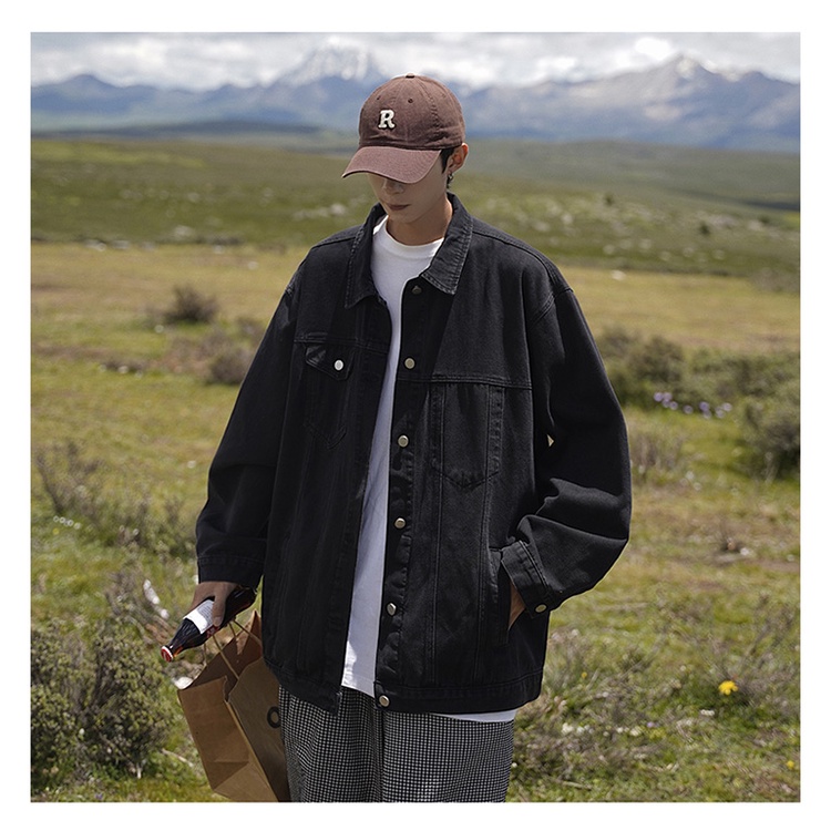 Áo Khoác Denim Phối Túi Kiểu Retro Đường Phố Nhật Bản Thời Trang Xuân Thu Cho Nam