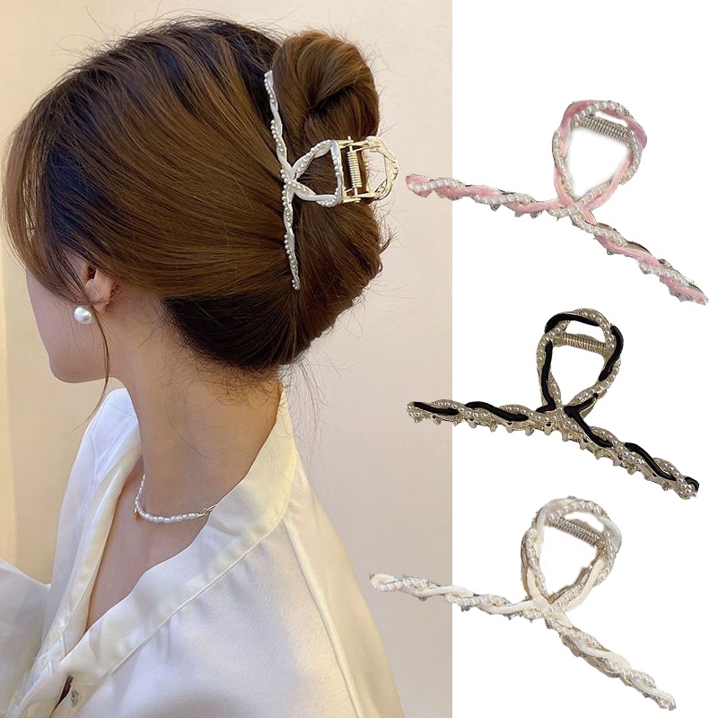 Kẹp Tóc Cá Mập Lớn Bằng Kim Loại Đính Ngọc Trai Cao Cấp Thời Trang Xuân Hè Phong Cách Hàn Quốc