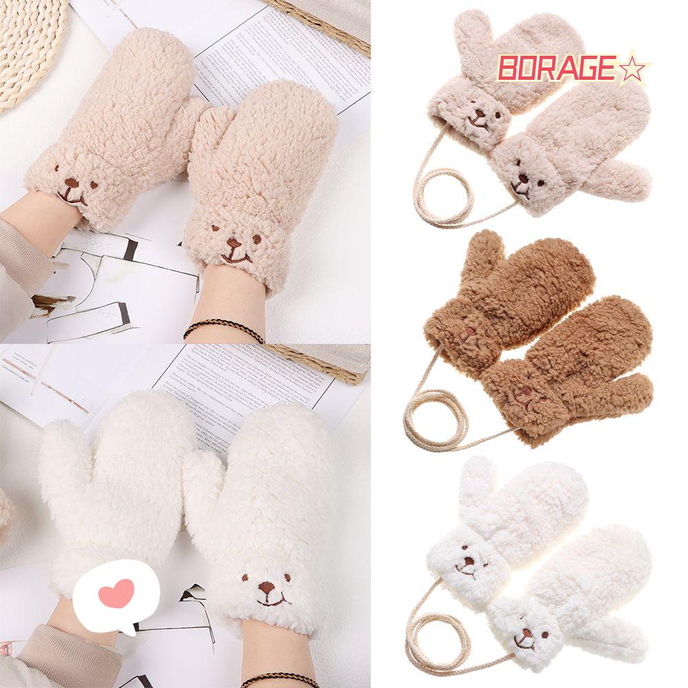 Borag Găng Tay Đeo Cổ Phối Lông Dày Dặn Họa Tiết Gấu Hoạt Hình Dễ Thương