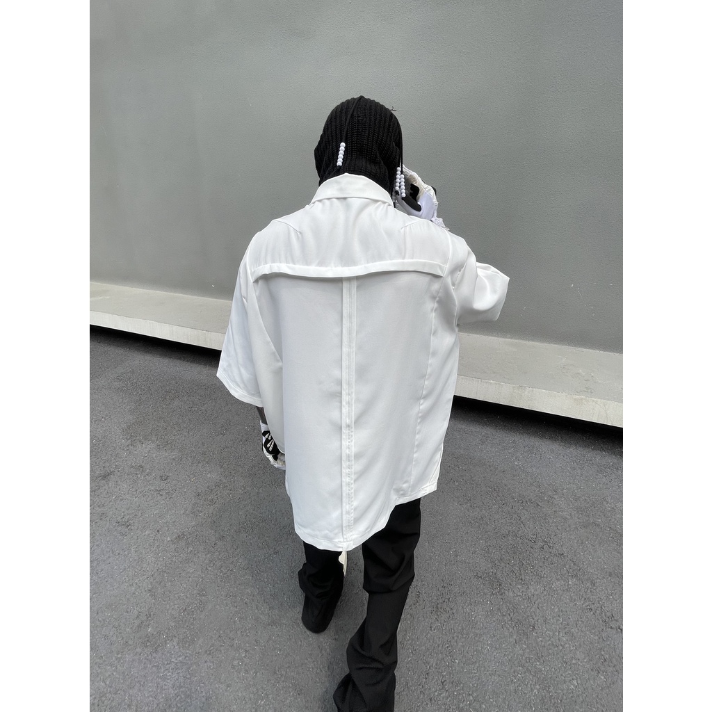 Trb 22SS Áo Sơ Mi Ngắn Tay Dáng Rộng Khóa Kéo Kim Loại Đường Phố Cao Cấp Tối Màu Dễ Phối Đồ