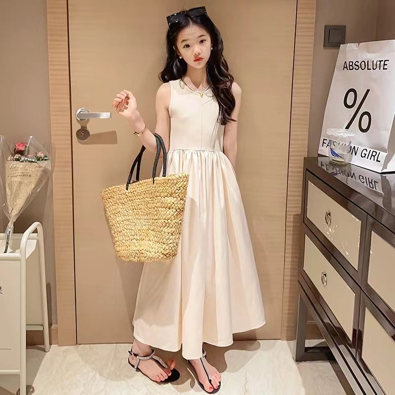 Cô gái váy mùa hè trẻ em váy đen đơn giản dệt kim váy dài cô gái lớn thời trang giản dị váy không tay hợp thời trang