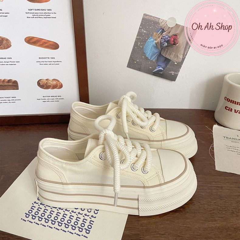 🍓  Giày Nữ Đi Học Giày Vải Đế Cao Màu Be Phong Cách Hàn Quốc