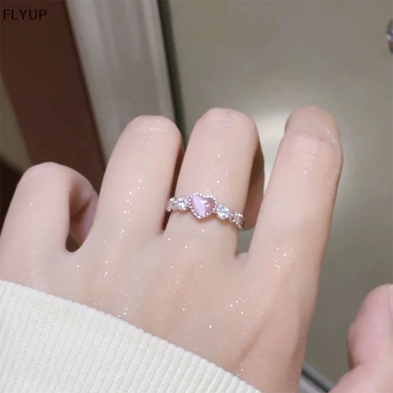 Flyup Nhẫn Bạc Hình Trái Tim Đá opal Hồng Phong Cách punk Dễ Thương Cho Nữ vn